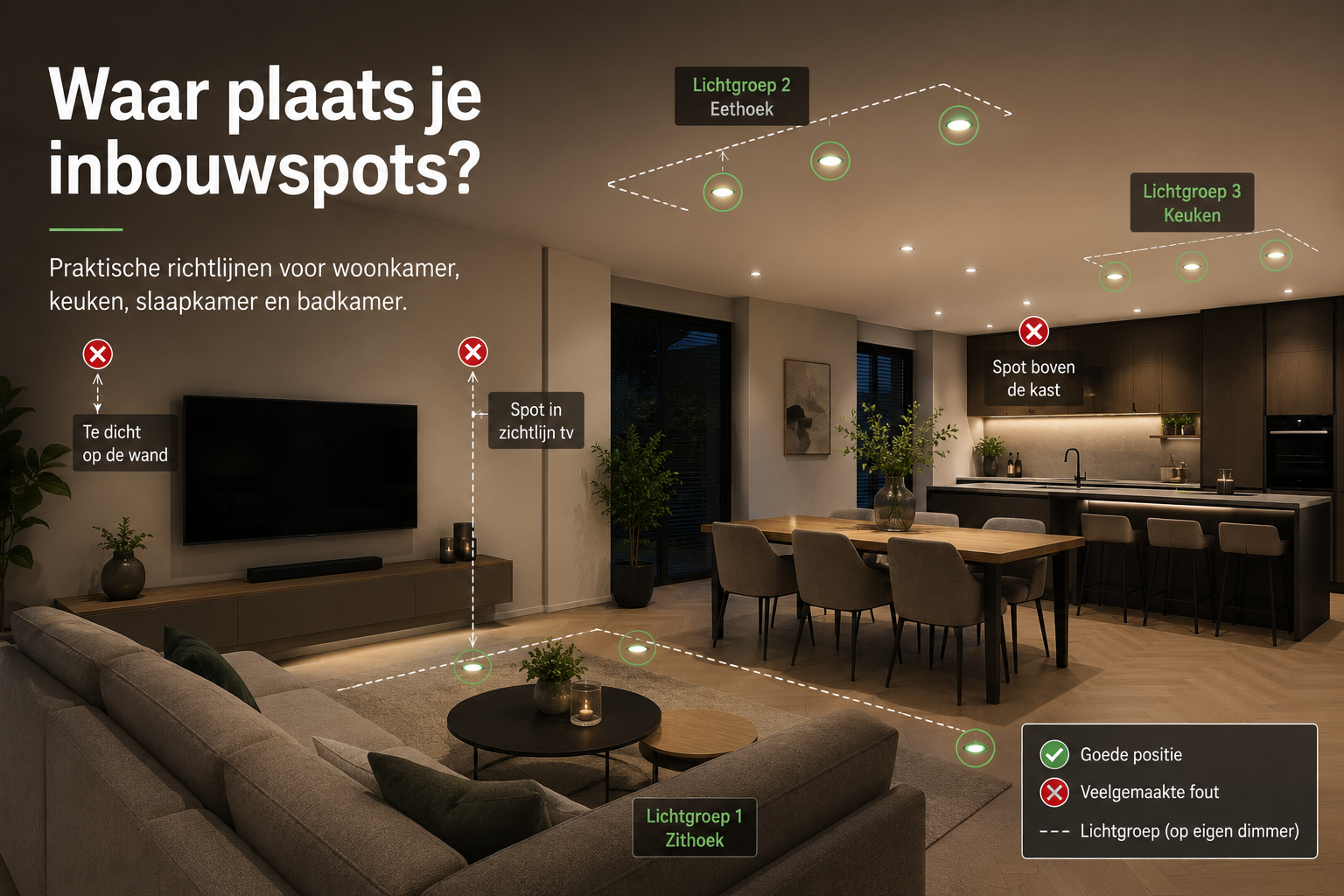 Inbouwspots plaatsen: waar zet je ze? De praktijkregels per ruimte