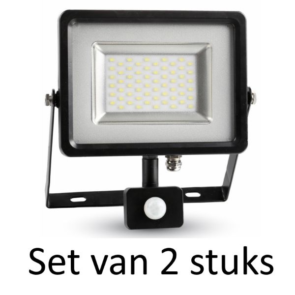 50W LED Bouwlamp met bewegingsmelder / PIR sensor - Warm Wit | Slimline (Set van 2 stuks)