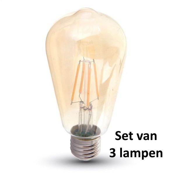 Retro LED lamp Amber glas| ø = 64mm  L = 138mm | 2200K Warm Wit | E27 6W vervangt 40W | Set van 3 stuks