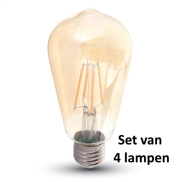 Dimbare LED Kooldraadlamp Amber glas| ø = 64mm  L = 138mm | 2200K Warm Wit | E27 4W vervangt 30W| Set van 4 stuks