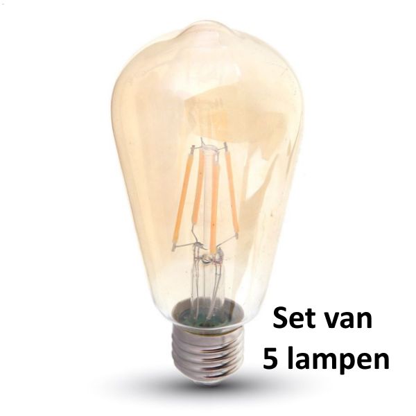 LED Kooldraadlamp Amber glas | ø = 64mm  L = 138mm | 2200K Warm Wit | E27 8W vervangt 55W | Set van 5 stuks