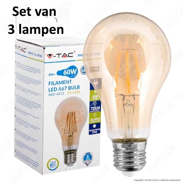 Retro LED lamp Amber glas | ø = 67mm  L = 123mm | 2200K Warm Wit | E27 8W vervangt 60W | Set van 3 stuks