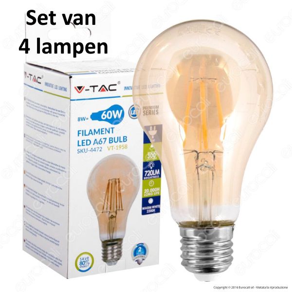 LED Kooldraadlamp Amber glas | ø = 67mm  L = 123mm | 2200K Warm Wit | E27 8W vervangt 60W | Set van 4 stuks