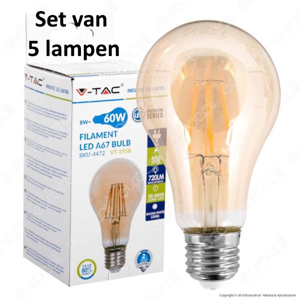 Retro LED lamp Amber glas | ø = 67mm  L = 123mm | 2200K Warm Wit | E27 8W vervangt 60W | Set van 5 stuks