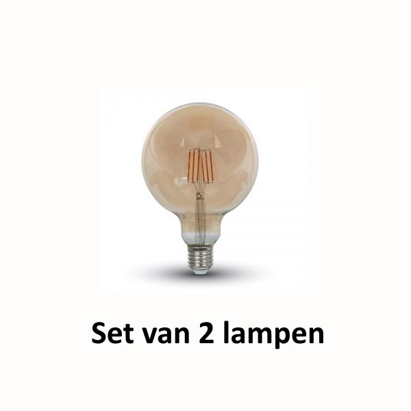 Vintage LED lamp Amber glas | ø = 125 mm  L = 177 mm | 2200K Warm Wit | E27 6W vervangt 55W | Set van 2 stuks