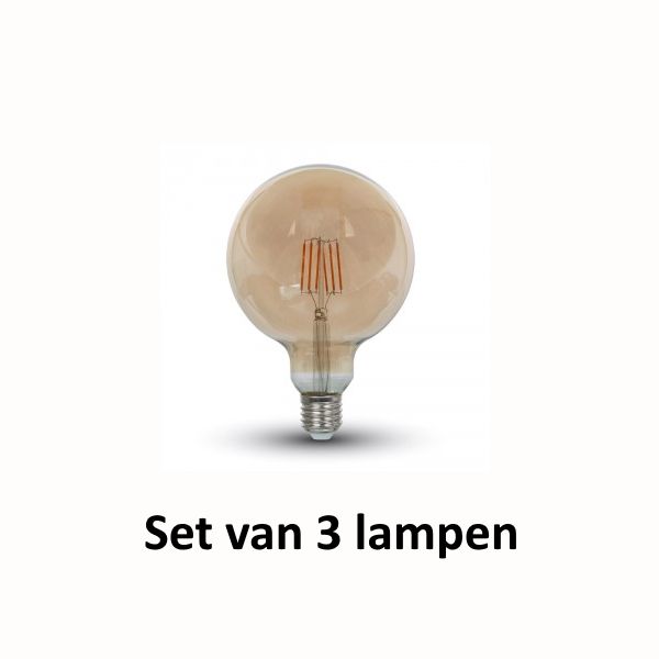 LED kooldraadlamp Amber glas | ø = 125 mm  L = 177 mm | 2200K Warm Wit | E27 6W vervangt 55W | Set van 3 stuks