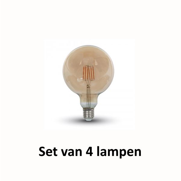 Retro LED lamp Amber glas | ø = 125 mm  L = 177 mm | 2200K Warm Wit | E27 6W vervangt 55W | Set van 4 stuks