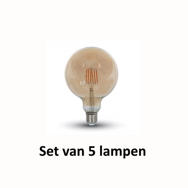 LED kooldraadlamp Amber glas | ø = 125 mm  L = 177 mm | 2200K Warm Wit | E27 6W vervangt 55W | Set van 5 stuks