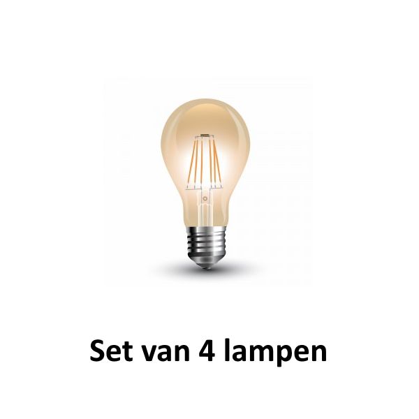 Retro LED lamp Amber glas | ø = 60mm  L = 107mm | 2200K Warm Wit | E27 4W vervangt 35W | Set van 4 stuks