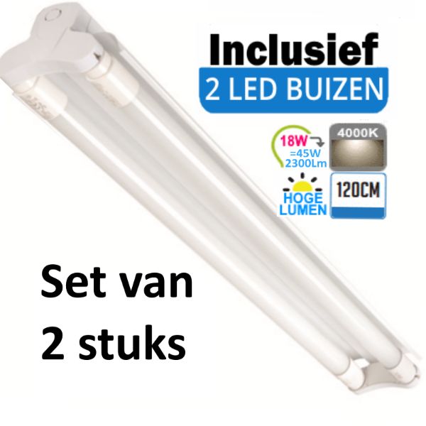 LED Buis  armatuur met Trog 120cm - Dubbel | Inclusief Hoge Lumen LED Buizen  - 4000K- Koel Wit (Set van 2 stuks)