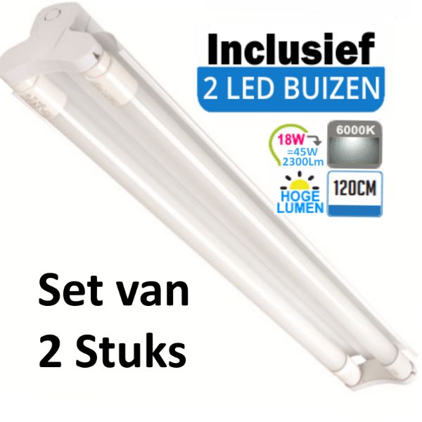 LED Buis  armatuur met Trog 120cm - Dubbel | Inclusief Hoge Lumen LED Buizen  - 6000K - Daglicht (Set van 2 stuks)