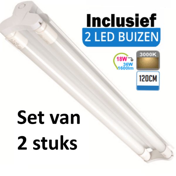 LED Buis  armatuur met Trog 120cm - Dubbel | Inclusief  LED Buizen  - 3000K - Warm wit (Set van 2 stuks)