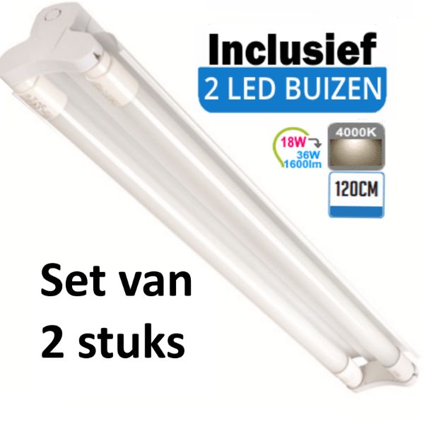 LED Buis  armatuur met Trog 120cm - Dubbel | Inclusief  LED Buizen  - 4000K- Koel Wit (Set van 2 stuks)