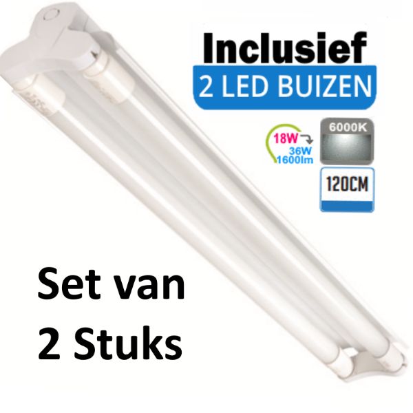 LED Buis  armatuur met Trog 120cm - Dubbel | Inclusief  LED Buizen  - 6000K - Daglicht (Set van 2 stuks)