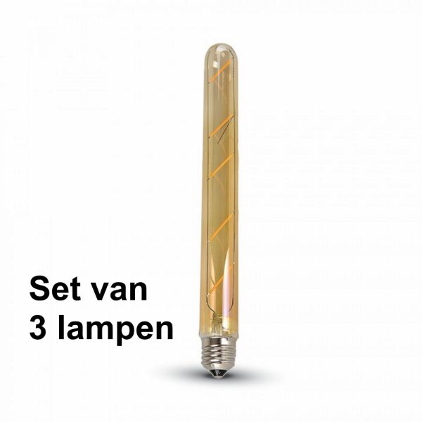 5W E27 Filament Led Tube (T30) Amber Glas  - Super warm wit - (2200K) - Set van 3 stuks