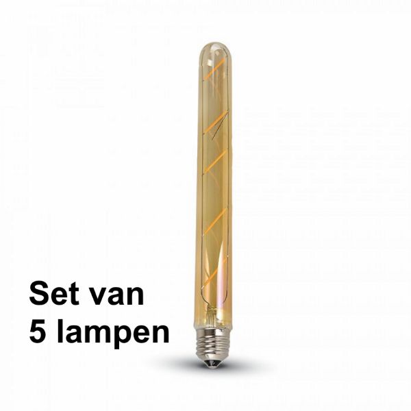 5W E27 Filament Led Tube (T30) Amber Glas  - Super warm wit - (2200K) - Set van 5 stuks