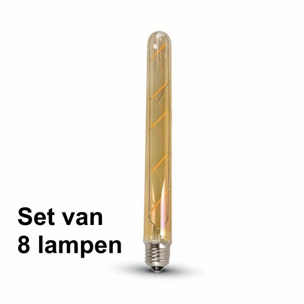 5W E27 Filament Led Tube (T30) Amber Glas  - Super warm wit - (2200K) - Set van 8 stuks
