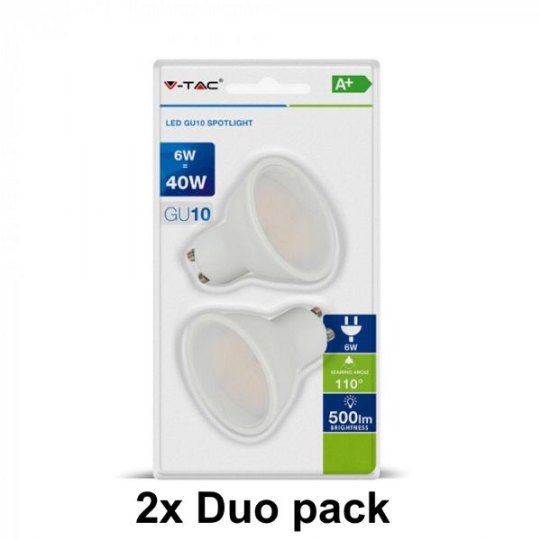GU10 LED Spot (MR16) - 6W - Warm wit - 3000K - Duo pack - set van 2 ( = 4 lampen)