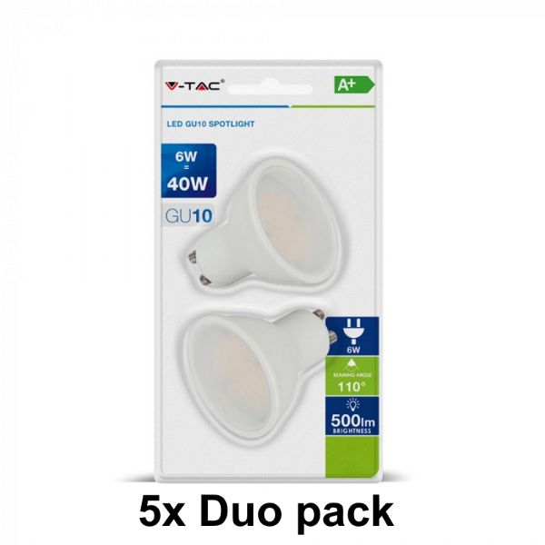 GU10 LED Spot (MR16) - 6W - Warm wit - 3000K - Duo pack - set van 5 ( = 10 lampen)