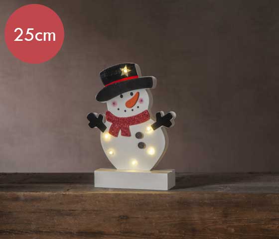 Sneeuwpoppetje Freddy- 25cm -lichtkleur: Warm Wit -Werkt op batterijen -Met timer functie -Kerstdecoratie