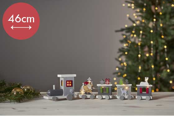 Verlichte kersttrein Loke 46cm -Grijs -lichtkleur: Warm Wit -Werkt op batterijen -Met timer functie -Kerstdecoratie