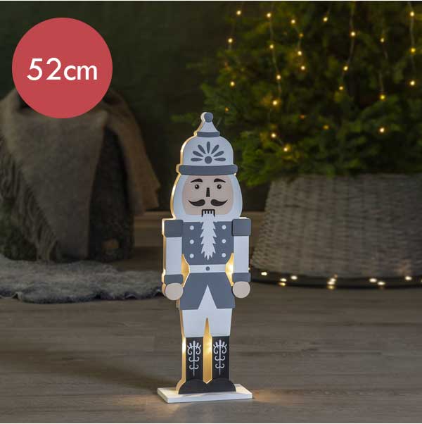 Notenkraker grijs / wit met LED verlichting -52cm -lichtkleur: Warm Wit -Werkt op batterijen -Met timer functie -Kerstdecoratie