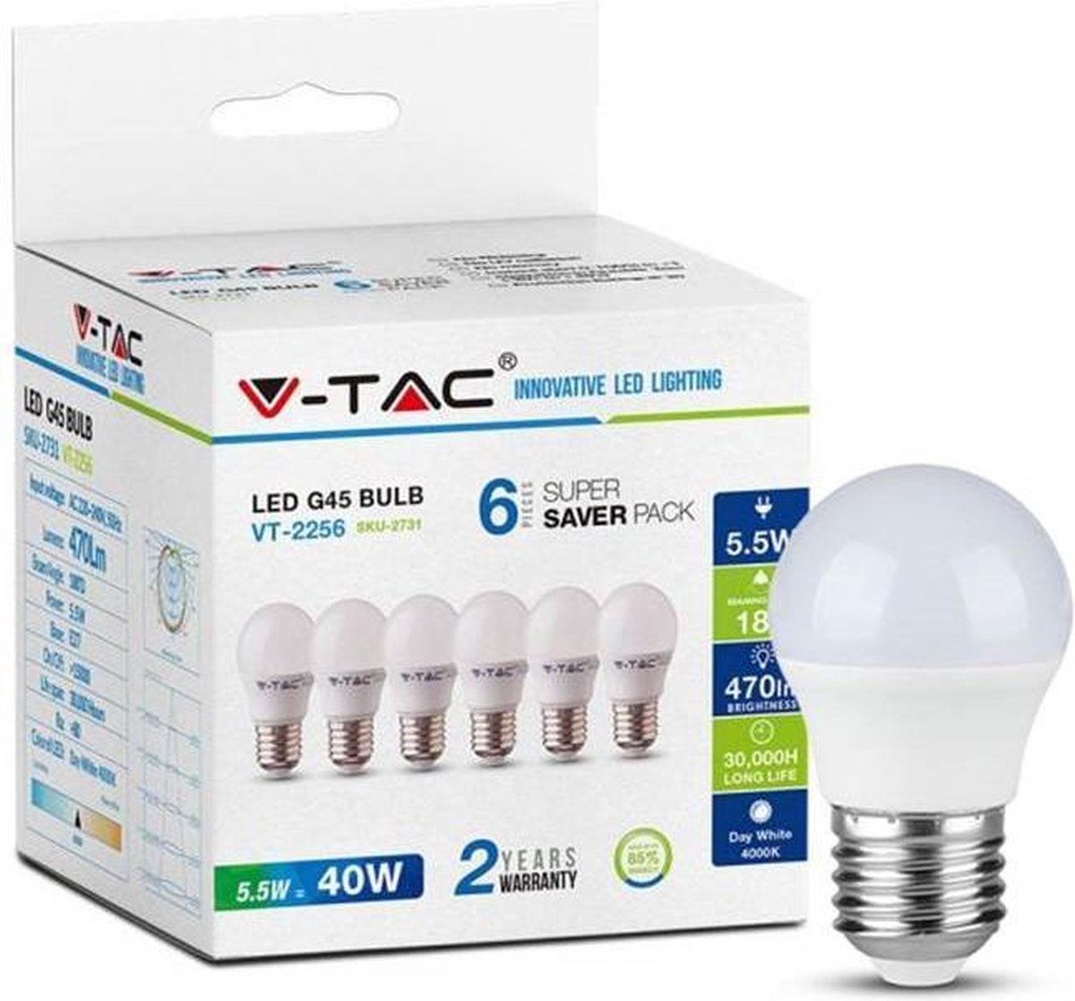 Kogel Led Lamp | 6-PACK-E27-Kaars-LED-Lamp-Extra Warm Wit (2700K) -5.5 Watt, vervangt 40W Halogeen -V-Tac