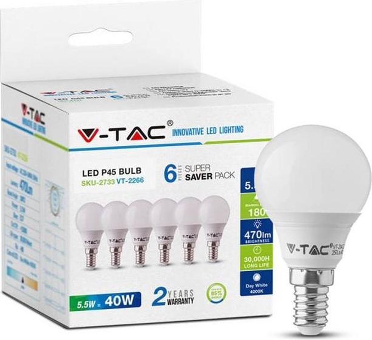 Kogel Led Lamp | 6-PACK-E14-Kaars-LED-Lamp-Extra Warm Wit (2700K) -5.5 Watt, vervangt 40W Halogeen -V-Tac