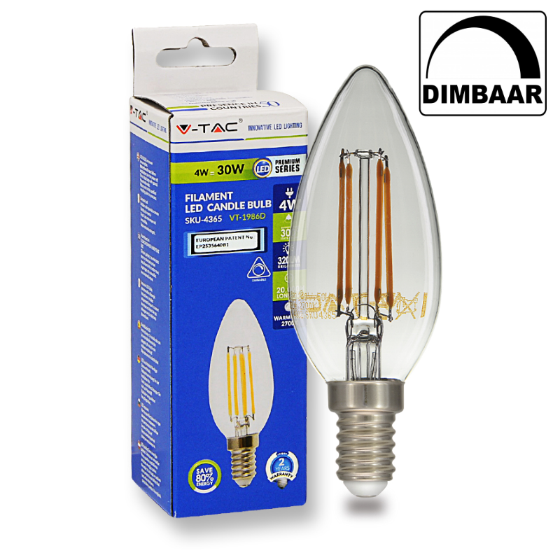 Dimbare E14 Kaars LED Lamp -Extra Warm Wit (2700K) -4 Watt, vervangt 30W Halogeen -V-Tac