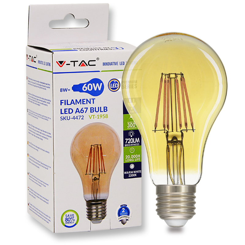 E27 Standaard LED Lamp -Super Warm Wit (< 2200K) -8 Watt, vervangt 55W Halogeen -V-Tac