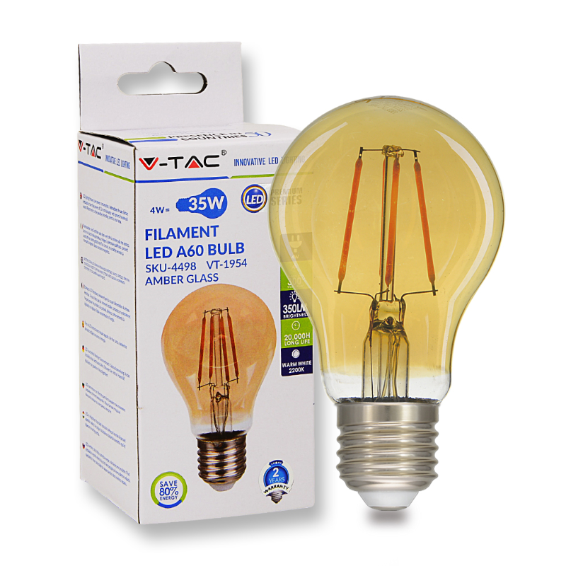 E27 Standaard LED Lamp -Super Warm Wit (< 2200K) -4 Watt, vervangt 35W Halogeen -V-Tac