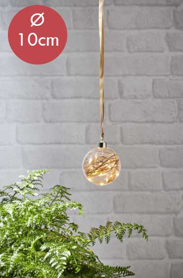 Kerstbal met lampjes 10cm -transparant -lichtkleur: Warm Wit -Werkt op batterijen -Met timer functie -Kerstdecoratie