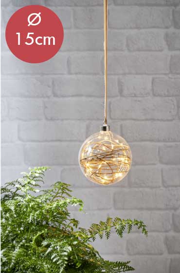Kerstbal met lampjes 15cm -transparant -lichtkleur: Warm Wit -met stekker -Kerstdecoratie