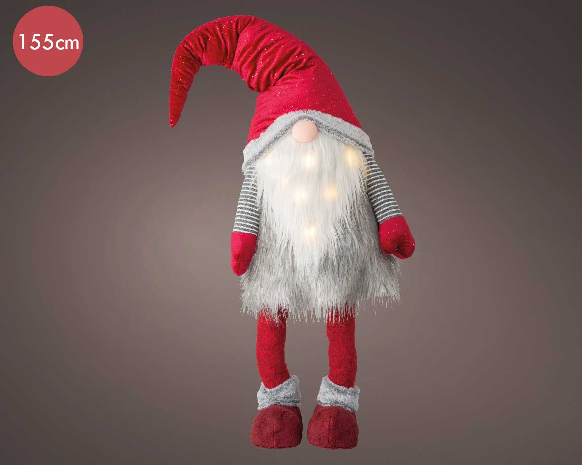 Polyester gnoom met 12 LED lampjes op batterijen -155CM  -lichtkleur: Warm Wit -Werkt op batterijen -Met timer functie -Kerstdecoratie
