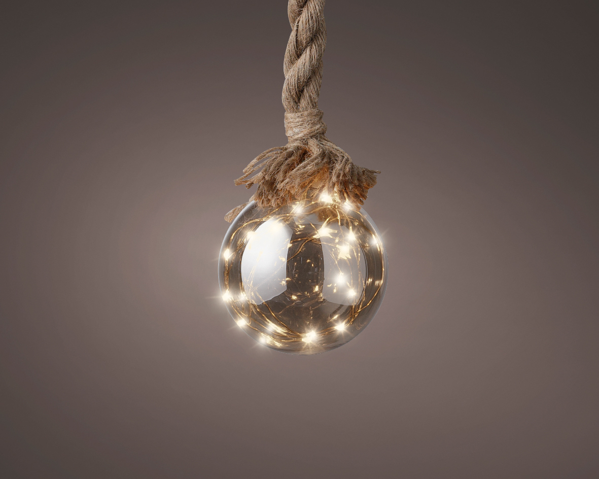 Kerstbal met jute touw en 15 LED lampjes - 10cm - Rook grijs