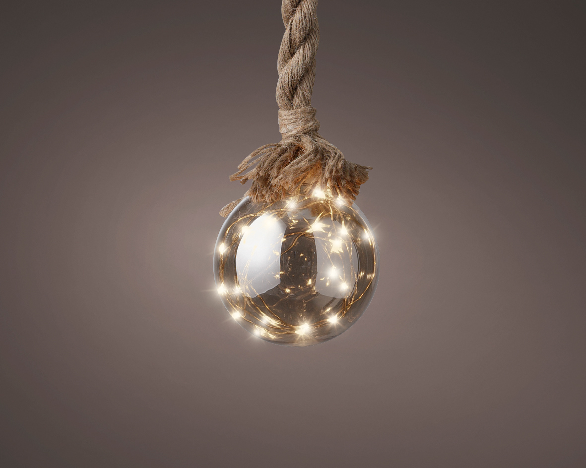Kerstbal met jute touw en 15 LED lampjes - 10cm - Rook grijs Kerstbal met jute touw en 15 LED lampjes - 10cm - Rook grijs