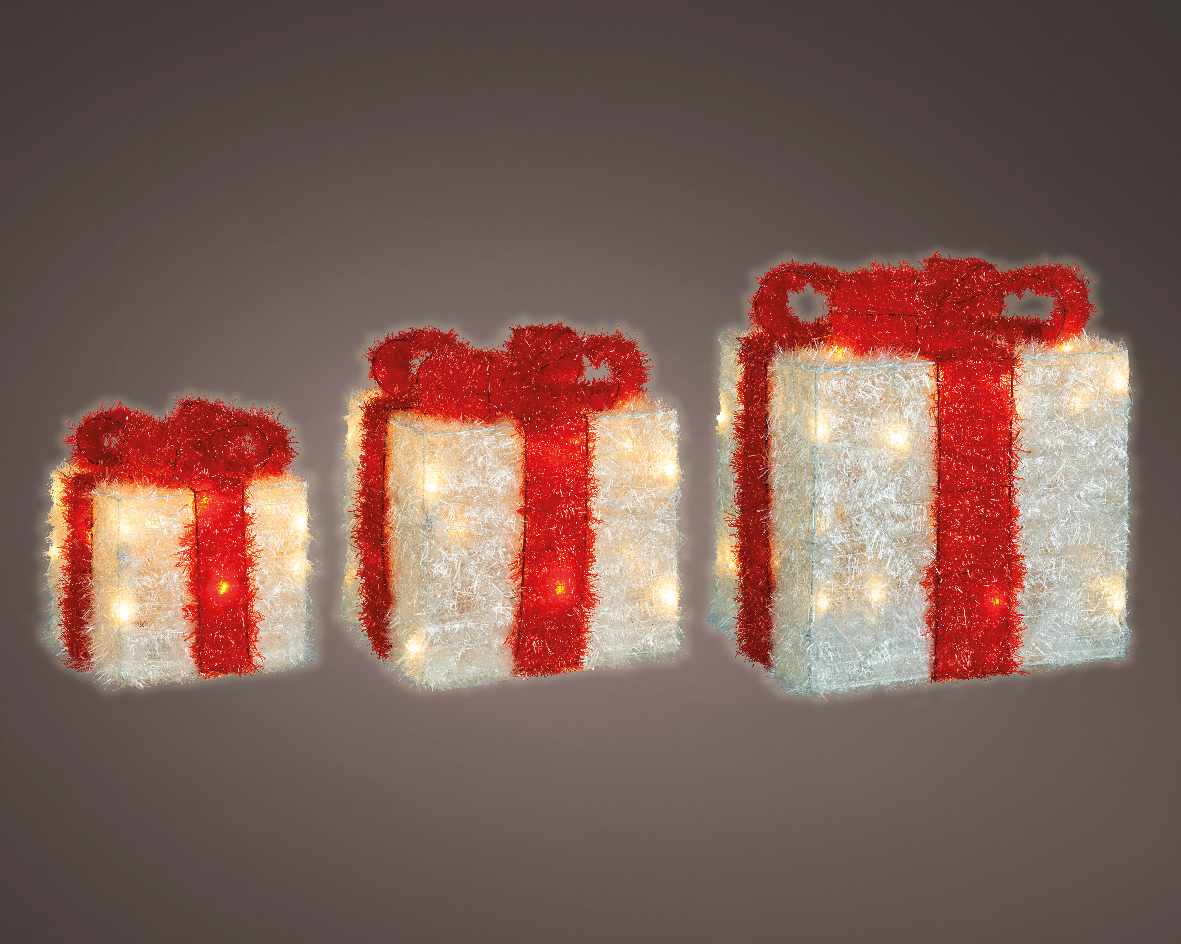 Lametta cadeau set van 3 met LED verlichting - wit rood Lametta cadeau set van 3 met LED verlichting - wit rood