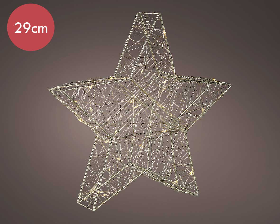 Stalen 3D kerstster op batterijen met 30 Micro LED lampjes -29CM  -lichtkleur: Warm Wit -Werkt op batterijen -Met timer functie -Kerstdecoratie