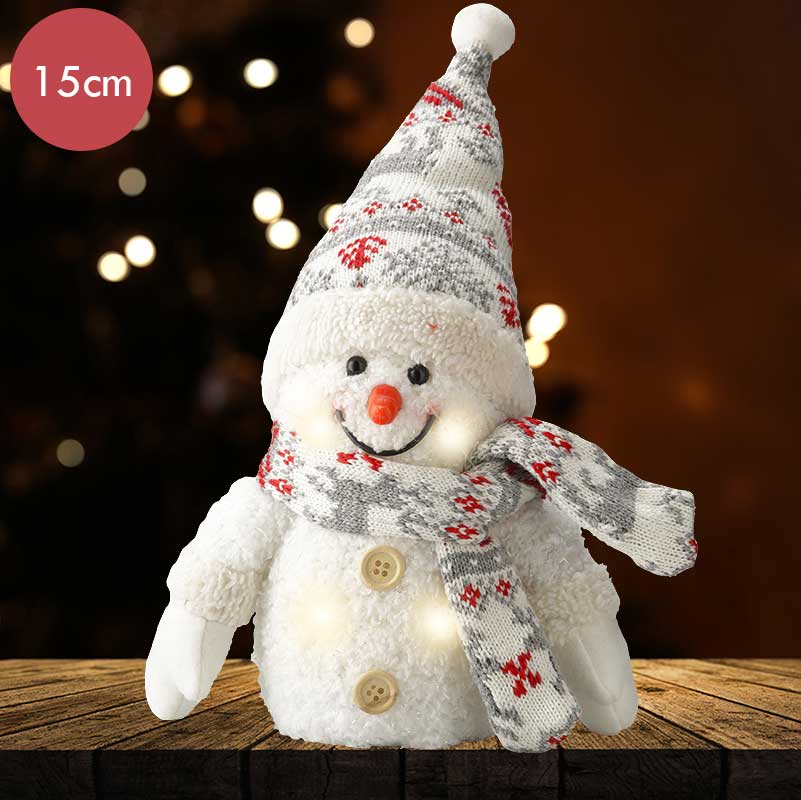 Puntmuts sneeuwpop met 4 LED lampjes op batterijen -15CM   -lichtkleur: Warm Wit -Werkt op batterije