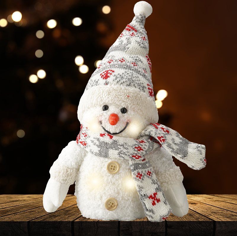 Puntmuts sneeuwpop met 4 LED lampjes op batterijen - 15CM