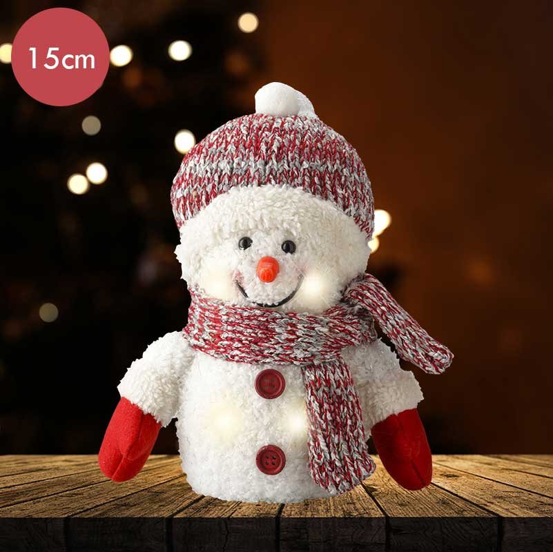 Ronde muts sneeuwpop met 4 LED lampjes op batterijen -15CM   -lichtkleur: Warm Wit -Werkt op batterijen -Met timer functie -Kerstdecoratie