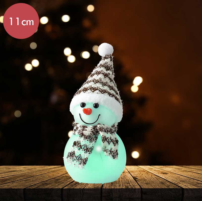 Bruine sneeuwpop met veranderde kleuren LED verlichting 11CM  -lichtkleur: RGB -Werkt op batterijen -Met timer functie -Kerstdecoratie