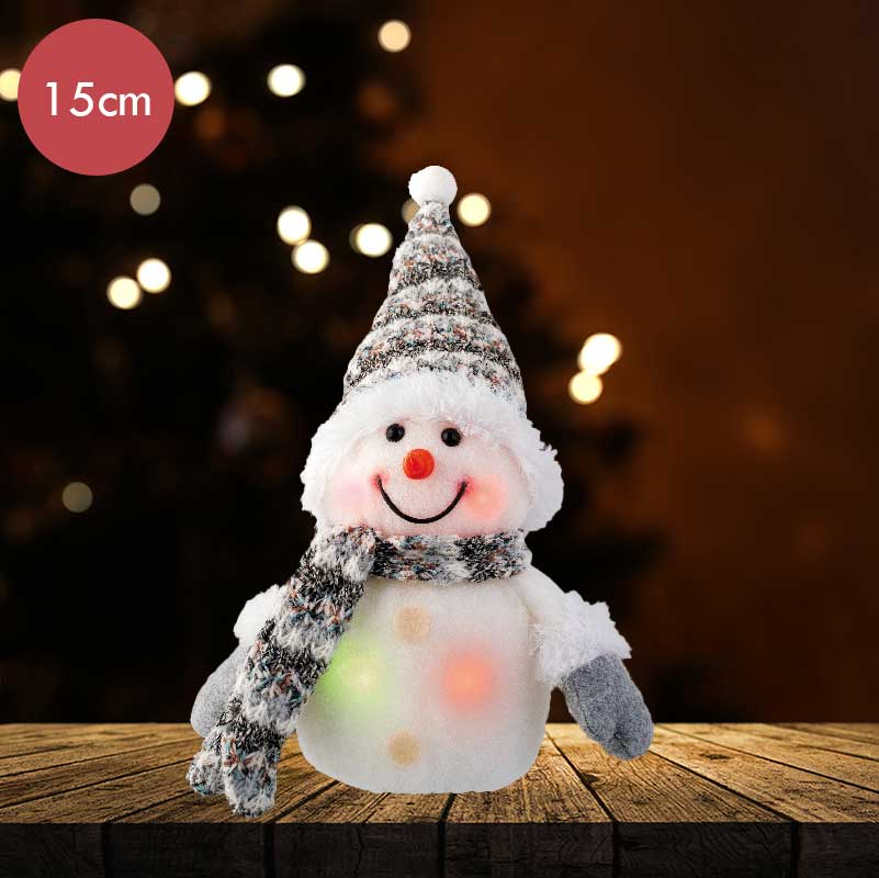 Bruine sneeuwpop met veranderde kleuren LED verlichting 15CM  -lichtkleur: RGB -Werkt op batterijen -Met timer functie -Kerstdecoratie