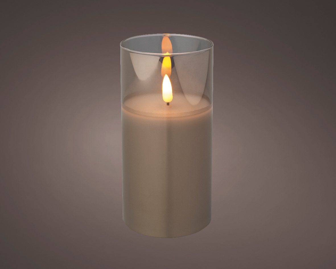 LED kaars cedar bruin met rook glas en vlam effect - 7,5 x 15cm - voor binnen