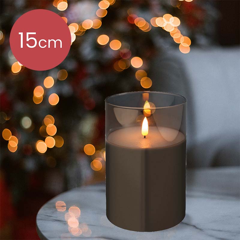 LED kaars cedar bruin met rook grijs glas en vlam effect - 10 x 15cm - voor binnen