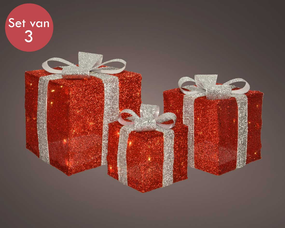 Polyester cadeau set van 3 met LED verlichting -rood zilver -lichtkleur: Warm Wit -Werkt op batterijen -Met timer functie -Kerstdecoratie