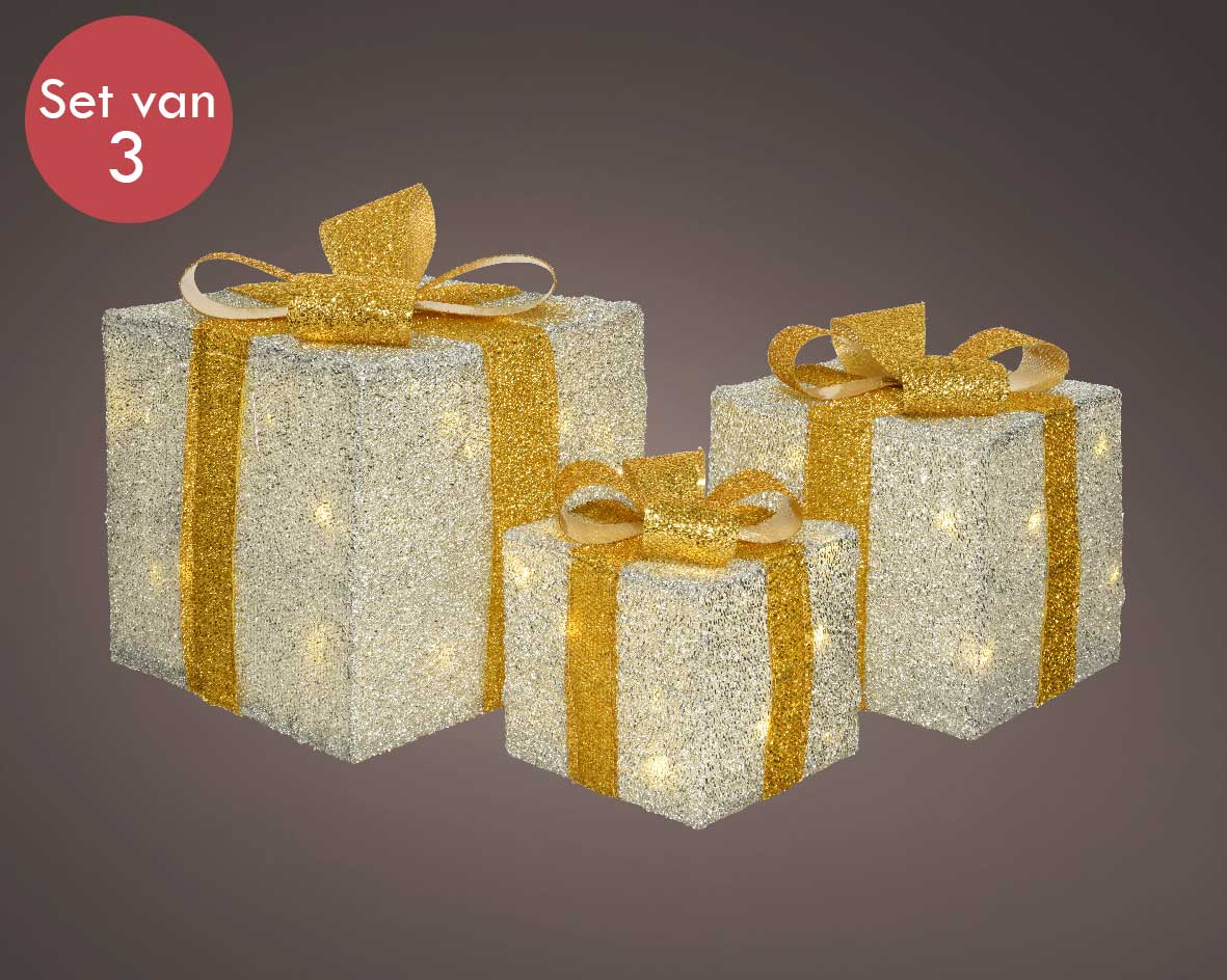 Polyester cadeau set van 3 met LED verlichting -zilver goud -lichtkleur: Warm Wit -Werkt op batterijen -Met timer functie -Kerstdecoratie