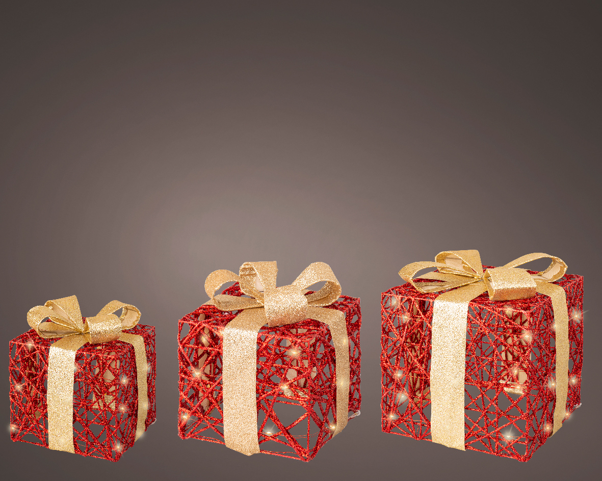 Cadeau set van 3 met LED verlichting - rood goud Cadeau set van 3 met LED verlichting - rood goud