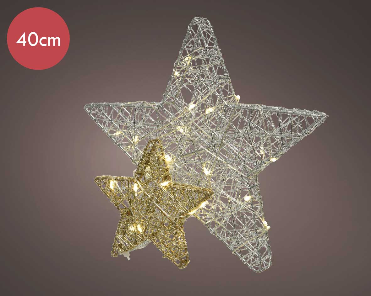 Stalen 3D kerststerren op batterijen met 40 micro LED lampjes -40CM  -lichtkleur: Warm Wit -Werkt op batterijen -Met timer functie -Kerstdecoratie