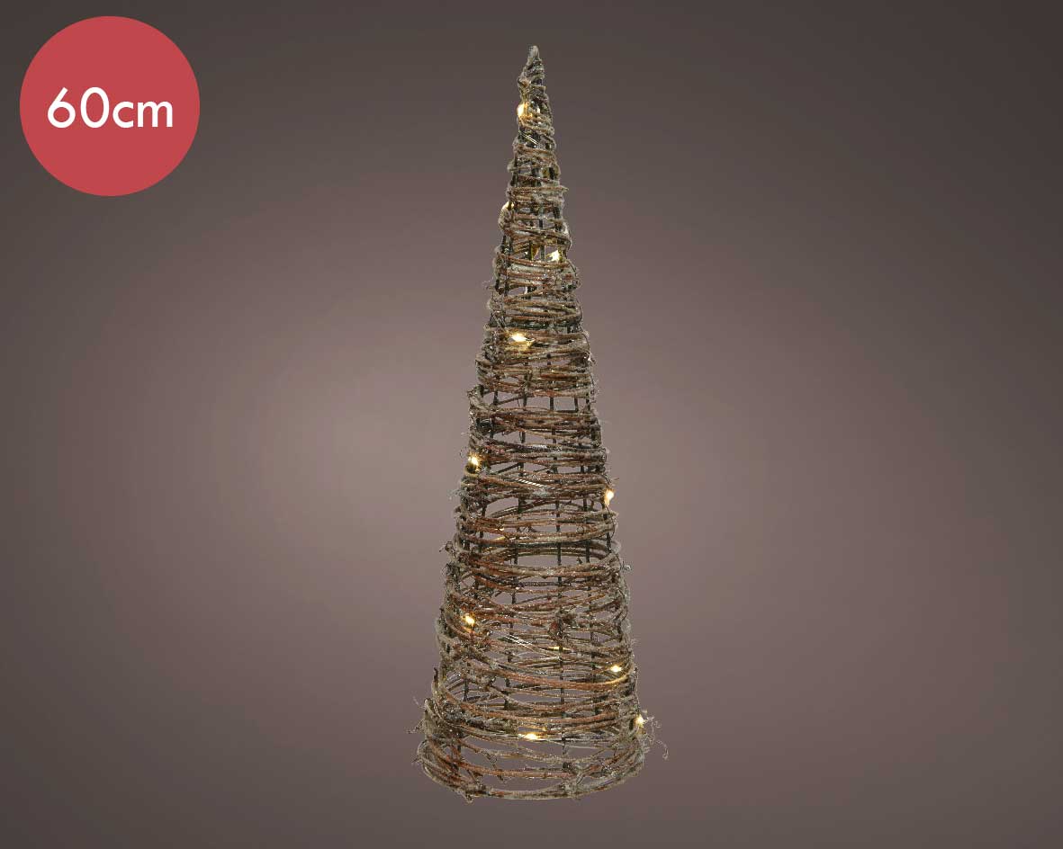 Rotan kegel op batterijen met 20 micro LED lampjes -60CM  -lichtkleur: Warm Wit -Werkt op batterijen -Met timer functie -Kerstdecoratie